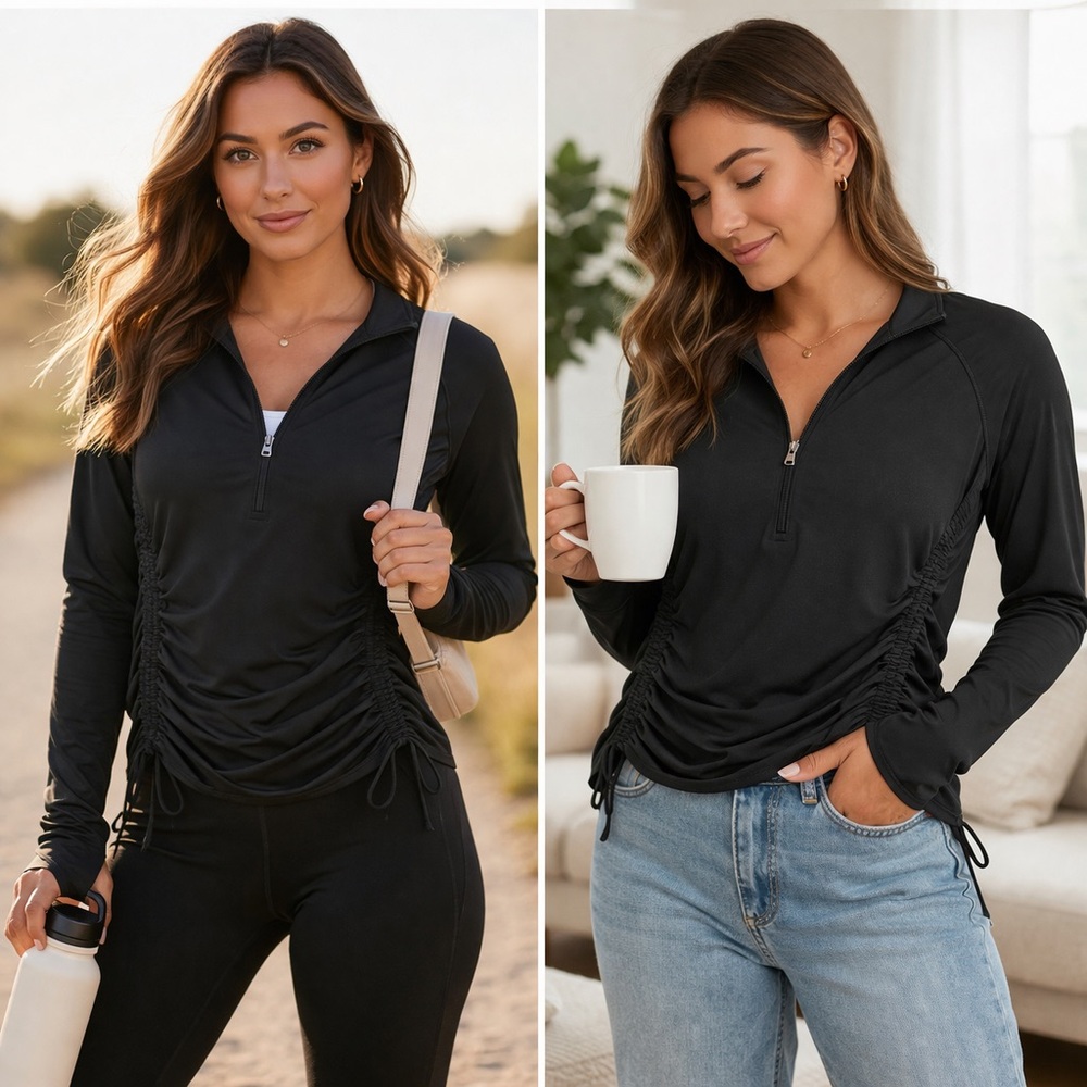 Ruched Half-Zip Long Sleeve Top - Black
02-0058